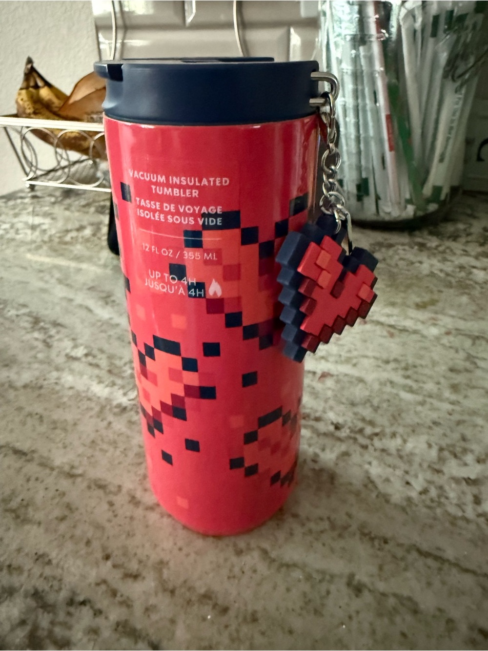 Starbucks 12oz Red Pixel Heart Vacuum Insulated Tumbler with Heart Keychain